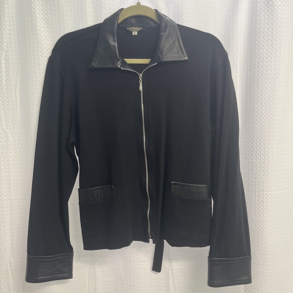 Rozae Nichols Black Full Zip‎ Leather Collar & Trim Jacket Quiet Luxury Medium